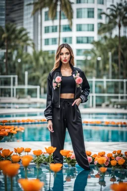 fullbody shot of young-beautiful-girl-with-a-perfect-face-with-make-up-wearing- sport pants and jacket standing in big Square with a round pool with clean water in center , modern city scape environment , flowers,