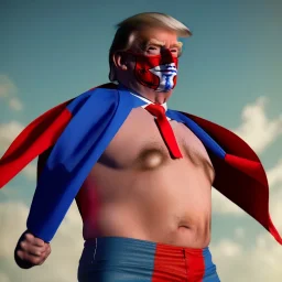 realistic image of donald trump as a mexican wrestling fighter posing outdoors, Mexican eyes wrestling mask, red and blue breeches, confederate flag cape, retro style, 80s, vibrant color, highly detailed, sky background, concept art, unreal engine 5, god rays, ray tracing, RTX, lumen lighting, ultra detail, volumetric lighting, 3d, finely drawn, high definition, high resolution.