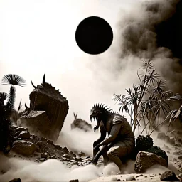 A striking quality Kodak photograph captures a wasteland with monsters and group of plants, creepy, details of the dust very accentuated, glossy organic mass, adorned with minerals and rocks. Bathed in intense light, eerie, Max Ernst style, black sun, fog