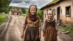 back to the camera in front stands a sad dark blonde young married woman in old hungarian brown villager clochts and headscarf stands on the villager old road and looks some playing happy villager children, sad, dramatic vibe, in background blur old poor house, detalied, sharp focus, high realistic