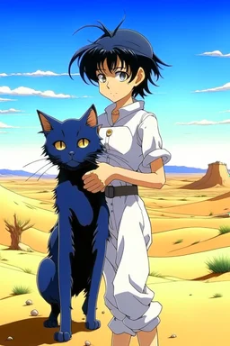 Meryl Stryfe Trigun young girl short black hair anime white clothes standing in the desert with a cat in her arms