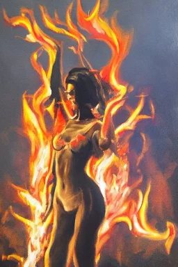 Full body portrait, painting, medium shot lady volumetric fire, volumetric flame