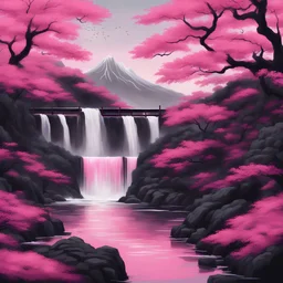 art, fantasy, pink, black, waterfall, beautiful style, Japan