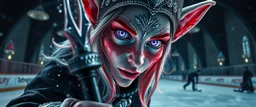close up portrait of shiny ice priestess dark dwarf grim reaper babe with lavender eyes and red and silver hair, and with magical aura hockey staff, pin hole cam, master oil painting by Rembrandt, d&d glam rock and glitter vampire gremlin illithid and lich playing hockey in ice skating hall or church, in the style of giger and escher, sci fi with floating little saucers