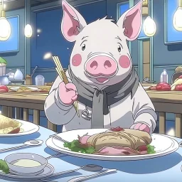 north pole pig holding silverware at a restaurant anime