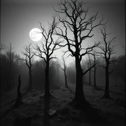 Close-up Ilford photograph of a creepy surreal landscape, eerie, no style, very surreal, trees, spooky, metaphysical objects, giant sun, intricate, thoughtful, appalling, deep 3d field, 8k, hypermaximalist