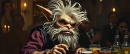hårete gremlin bartender med vind i håret på fest malt av Rembrandt