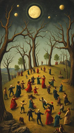 Hieronymus Bosch style nightmares , a lot of people in hill dancing in circles hand in hand