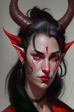 Portrait of a young and beautiful female Tiefling bard with bright red skin, two horns emerging from her forehead and long black hair with sidebangs and a ponytail.
