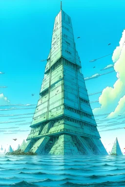 a futuristic triangular skyscraper submerged in the ocean, drawn by Jean Giraud, blue skies with clouds