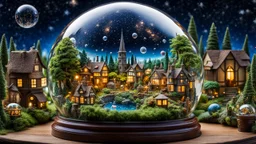 miniature detailed vintage small town in a glass sphere, surrounded by several other glass spheres, in each glass sphere a different city, village, or magical forest, wonderful garden, or fantasy figures, buildings in another transparent sphere, in the background the dim big cosmos with stars surrounds everything, beautifully shot, hyperrealistic, sharp focus, 64 megapixels, perfect composition, high contrast, cinematic, atmospheric, moody