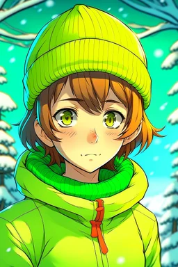 Girl with short brown hair, red eyes, green sweatshirt with a horizontal yellow stripe, he is wearing a Christmas hat, and in the background there are trees in the cold winter with lots of snow, Anime manga style