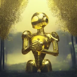 nature , a golden robot , a disco ball