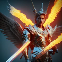 Archangel Michael with sword in flames, unreal 5, octane render, cinema4d, dynamic lighting, soft lighting, 4k, redshift render, highly detailed, hyper realistic