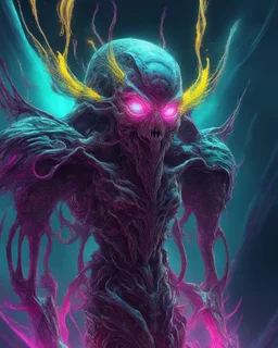 cosmic environment, rotten fallen archangel, ((yellow glowy eyes)), biomechanical, eerie, creepy, nightmarish, neons bright colors, splash of teal and magenta, light particles, bioluminescence, Mschiffer, wallpaper art, UHD wallpaper