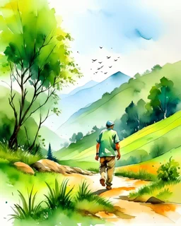 middle aged man walking alone in landscape smala mountains, green trees, birds in backdrop water color