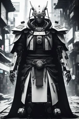 samurai robot in black and white cloak in a cyberpunk environment