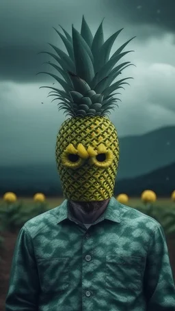 A man with 6 eyes, no face expressions , no hair in the background a big pineapple , cloudy weather 8k