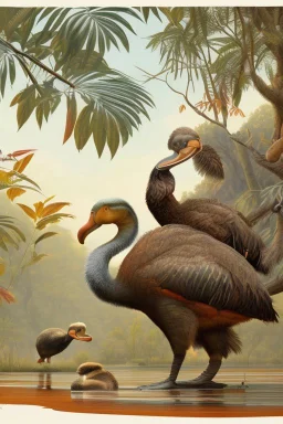 John James Audubon-like illustration of a fully uncropped Dodo bird and a Platypus in a landscape of warm yellows, warm reds, and warm blues