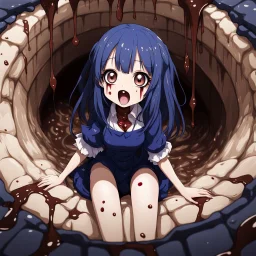 Anime girl with big eyes, darkblue and sepia tones, fullbody, slime, the perspective looking up from the bottom of an empty well, rolling eyes, tongue out, blood drip, open mouth,