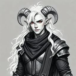 rpg illustration, d&d, fantasy, male, long platinum wavy haired albino tiefling, mid twenties, red eyes, small ram horns curling down, kind face, wearing a cropped armor showing the belly, a long flowing scarf wrapped arround the neck, charcoal sketch