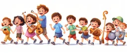 children joyfully walking with musical instruments. Pixar Digital painting illustration
