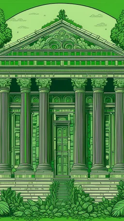 very detailed all Green Ancient Greek temple surrounded by leaves and ivy, medieval, gothic style, fine line draw style