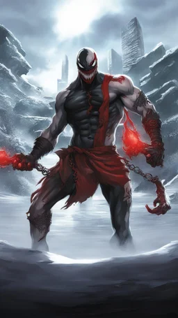 A close picture of Venom symbiote with kratos red tattoos and Clothes, holding blade of choice