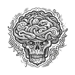 A simple black and white line drawing of an brain in tattoo style with horror elements