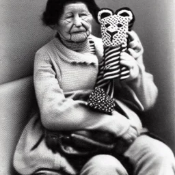 Old photo grandma with lion and zip mouth toy