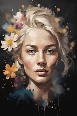 on an old canvas portrait of a blonde woman, flowers, gouache Splash art concept art 8k resolution