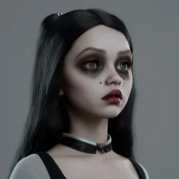 Female Jenna ortega black dress,soft goth libstick, wednesday addams family make up, brad double wig, dramatic lighting, highly detailed, volumetric lighting, unreal engine, 8k