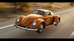 a high definition screen shot of a jet-fighter vw-beetle, retrofuturistic, phototrealism, in flight, one subject,