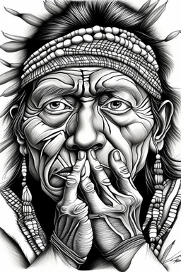 tribal man in grieg with hands on face pencil draw style of ray lichtenstein