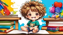 detailed digital art style, cute anime, detailed chibi face with smile, sitting on school desk in hand a bear toy, in colorful t-shirt and short paint, , messy hair random drawing background, child book style, highly detailed, no photorealism