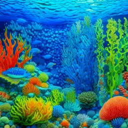 A blue underwater reef with rainbow iridescent coral designed in ancient Roman mosaics painted by Karl Wiener