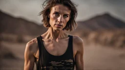 beautiful anorexic caucasian female technician, black tank top, well toned muscles, weathered face, scratched sand camo metal details, short brunette wavy bob haircut, dystopian, desert scene, pulling a knife