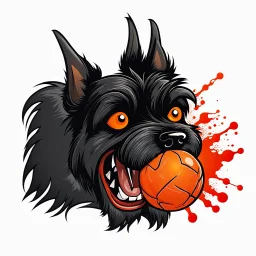 head of angry Scottish Terrier dog, facing composition's left, with blood shot eyes and bloodied teeth and bushy fur, an orange color ball chain collar around neck, vector