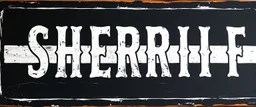 fill composition with large and wide hand painted old western sign that reads: "SHERRIF" white on black with inset white stripe aged paint sanserif