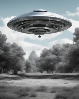 Design a futuristic, silver UFO hovering in a clear blue daytime, photorealism, surrealism, black and white photography, analog film, highly detailed