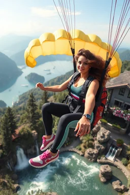 very beautiful lady with beautiful sports pant and top and sports shoes with curvy hair on a parachute flying in a nice villa yard with trees flowers ,in country side in floor of beautiful mountains ,sea with ships ,water falls ,looking at camera