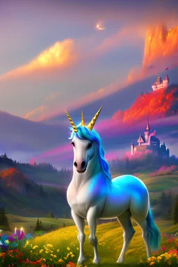 beauty unicorn standing, sexi, castle in background, gold frame, fantasy land, rainbow, mist, clouds, deesse, flowers, flowers, happy cosmic, bright colors, very blue, pink, gold, jewels, realistic, photo real, clear smiling background, highly detailed, high contrast, high definition, unreal engine 5, extremely sharp detail, light effect, sunny light