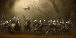 an medieval army in the Woods, oasis , dark , , night , realistic