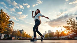 beautiful lady with makeup in pants and pretty shirt curvy long hair sport shoes dancing in a open stage in a modern city cnter ,flowers and trees ,blue sky ,pretty clouds,sunset golden hour