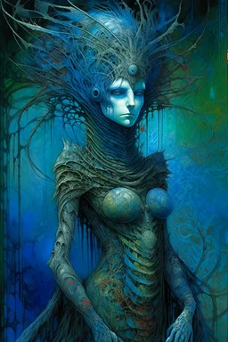A beautiful girl with a colorful peacock hair , full body , front view . decayed and rotting with grotesque proportions and imagery. grotesqueries, detailed texture, surreal horror, biomechanical design, by hr giger and beksinski , on blue color