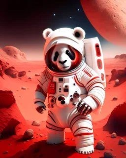 2d anthropomorphic panda bear in white and red astronaut suit on Mars