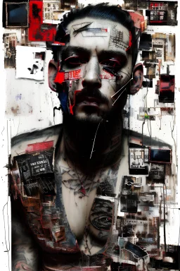 Ultra detailed medium portrait painting of a man, sitting on chair,ex-ganster in jail tattoos, rough look, bold,mascara, evil look, chaos dark background,torn up collage of photo clippings, broken circuitry background, matrix effects, punk visual art, punk art aesthetic, graffiti art, pop surrealism, collage art, cluttered paint glitches