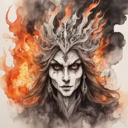 create an abstract ink wash and watercolor caricature portrait of a beautiful, malevolent, ornately dressed , 14th century sorceress engulfed in fire ,highly detailed with refined facial features in the cartoon caricature style of Gerald Scarfe and Ralph Steadman precisely drawn, boldly inked, vividly colored, 4k