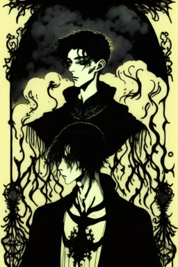 17 year old boy, necromancer, friendly, looks dead, surrounded by weird smoke with eyes, wearing black robes, in the style of Harry Clarke