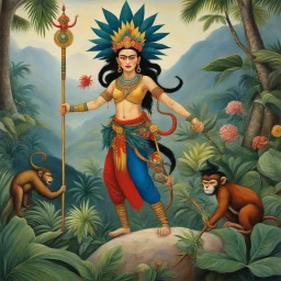 [art by Frida Kahlo] Legendary Monkey King with her staff on the jungle hills feet, and monkey tail, multiple arms shiva